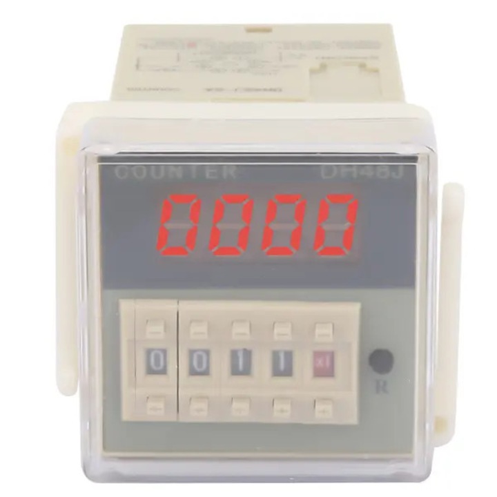 Contor digital DH48J-8A, afisaj LED rosu 4 cifre, interval 0–999900, iesire releu 8A, conector 8 pini, alimentare 220 VAC (optional 12/24/110 V), montaj pe panou, 100×51×51 mm