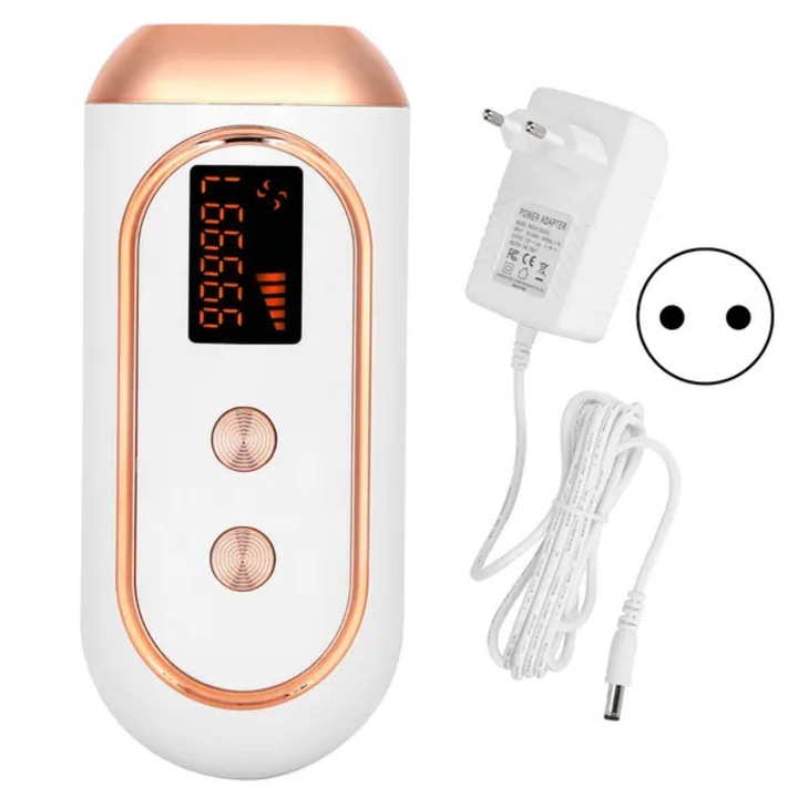 Aparat IPL pentru indepartare par emag-FYN-K0206-260819-2386, afisaj digital, 24W, 100–240V, moduri continuu/manual, capat plat cu tub cuart, alb/auriu roz