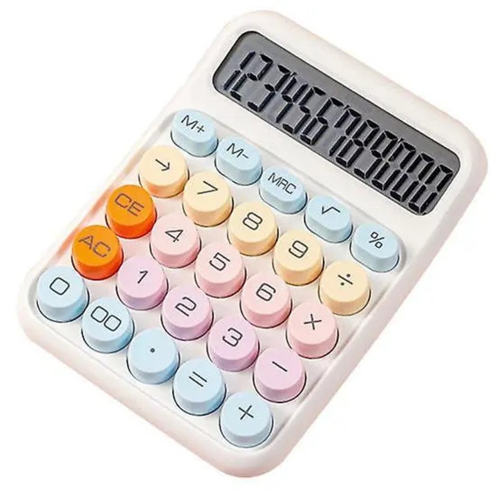 Calculator de birou emag-FYN-K0206-260819-1264, 12 cifre, taste rotunde retro tip masina de scris, ecran inclinat 15°, carcasa ABS, alimentare 1xAAA, multicolor, 15 cm