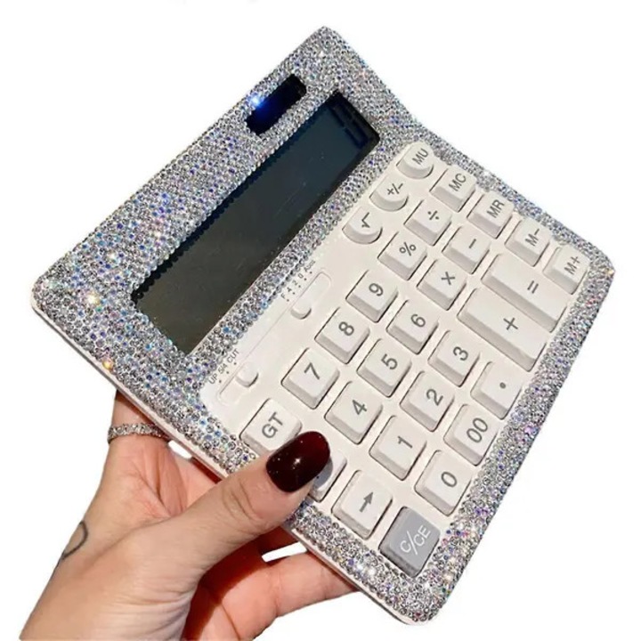 Calculator de birou cu cristale (rhinestone), 12 cifre, alimentare solara si baterie AA, tastatura sensibila, ABS, alb/argintiu, model emag-FYN-K0206-260819-1813