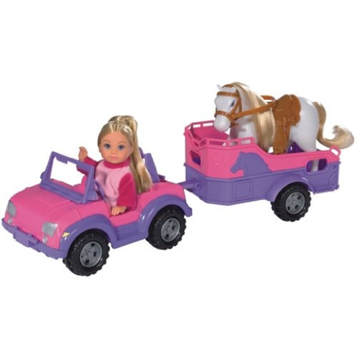 Set jucarie Simba Evi Love jeep cu remorca si cal, papusa 12 cm, roz/mov, model 5737460 (VBPAKBBR)