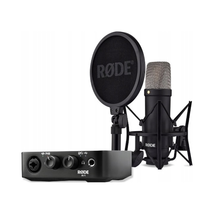 Комплект студиен микрофон Rode NT1S + аудио интерфейс AI-1 MK2 (RODE NT1S-AI-1 KIT, VWTCTPAE), кондензаторен кардиоиден XLR/USB-C, собствен шум 4 dB, черен