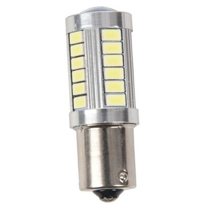 BA15S 1156 P21W MIHX-8190772 autós LED izzó, 33 LED lencsével, 12V, 600 lm, ezüst test, fehér, 18.5 x 52 mm