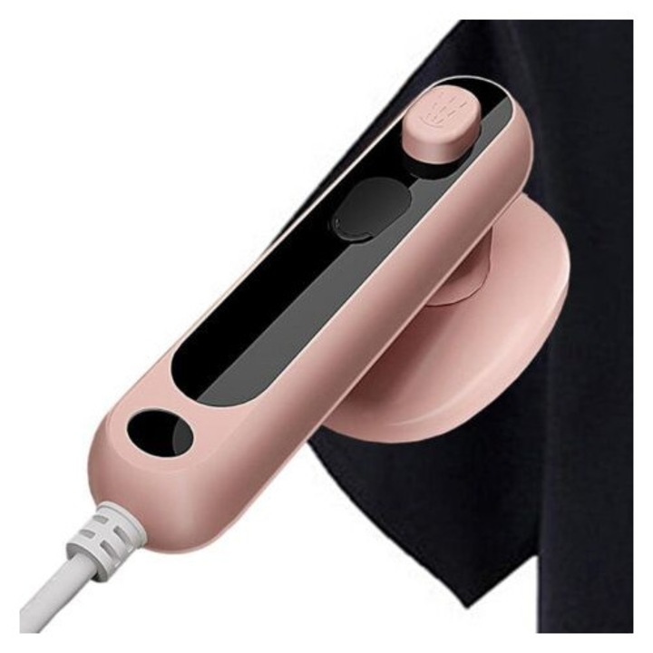 Mini aburitor de haine MIHX-8193688, 2-in-1 (umed/uscat), talpa din titan, rezervor 80 ml, 40 W, 20 g/min abur, cablu 1.6 m, varf triunghiular, roz