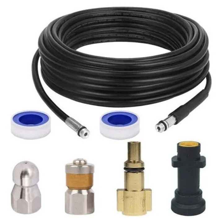 Kit curatare canalizare K0544-26819-158-MLC, furtun flexibil 5 m, presiune de lucru 180 bar (2700 PSI), duza rotativa si duza cu buton, adaptoare pentru Karcher K2–K7 si Lavor, negru