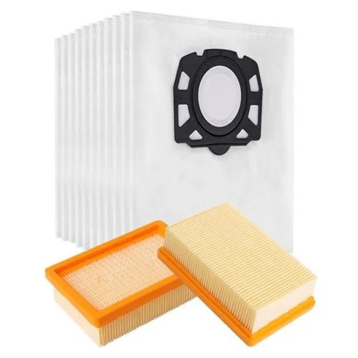 Set saci de aspirator si filtre compatibile cu Karcher WD4/WD5/MV4, 10 saci microfibra (5 straturi) + 2 filtre dreptunghiulare, alb, cod K0544-26819-1349-MLC