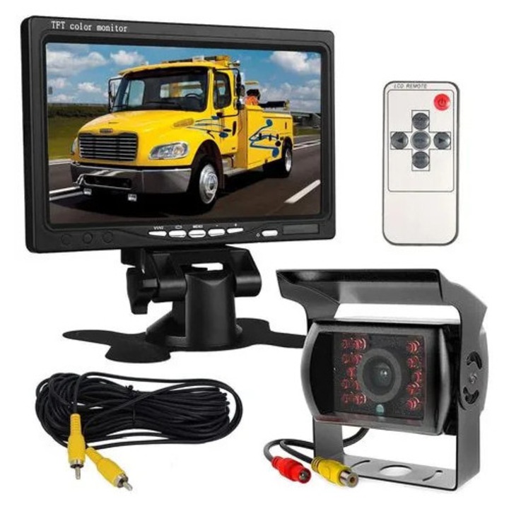 Monitor de 7'' TFT cu camera de recul K0544-26819-1754-MLC, 18 LED IR, vedere nocturna, IP67, 120°, 12-24V, cablu video 10 m, negru