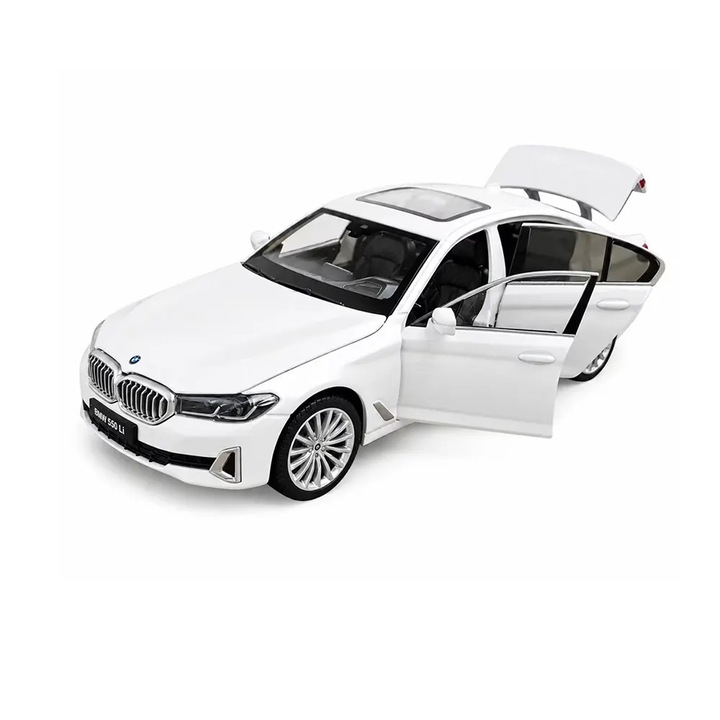 Fém autó BMW 530Li G30 5 Series, 1:24, Fények és hang, Nyitható ajtók és motorháztető, Fehér