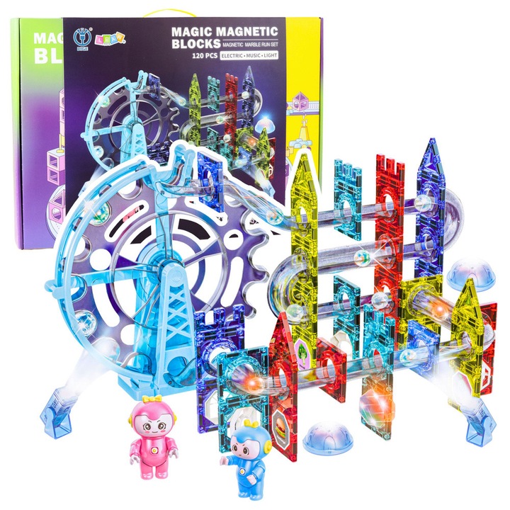 Set de cuburi magnetice spatiale pista cu bile figurine umane, luminos, 120 piese, LEAN Toys