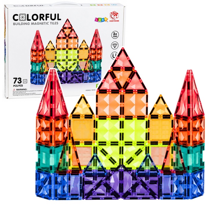 Set de constructie magnetic panouri 3D STEM, creativ colorat, 73 piese, LEAN Toys