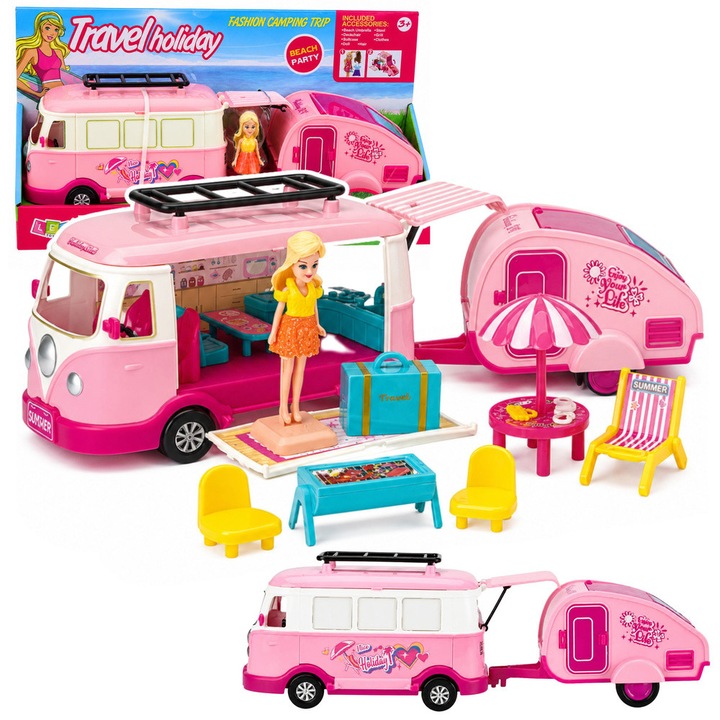 Papusa accesorii mobilier remorca rulota de calatorie set, roz, LEAN Toys