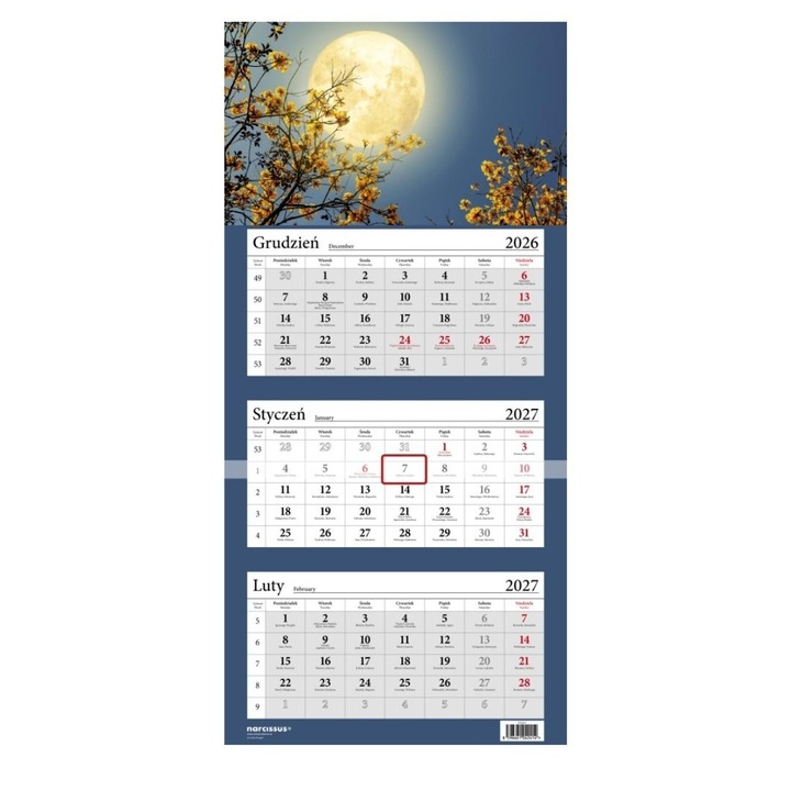 Calendar de perete Narcissus Lux Ksiezyc 2027, tripla (3 luni), multicolor, cod 800990