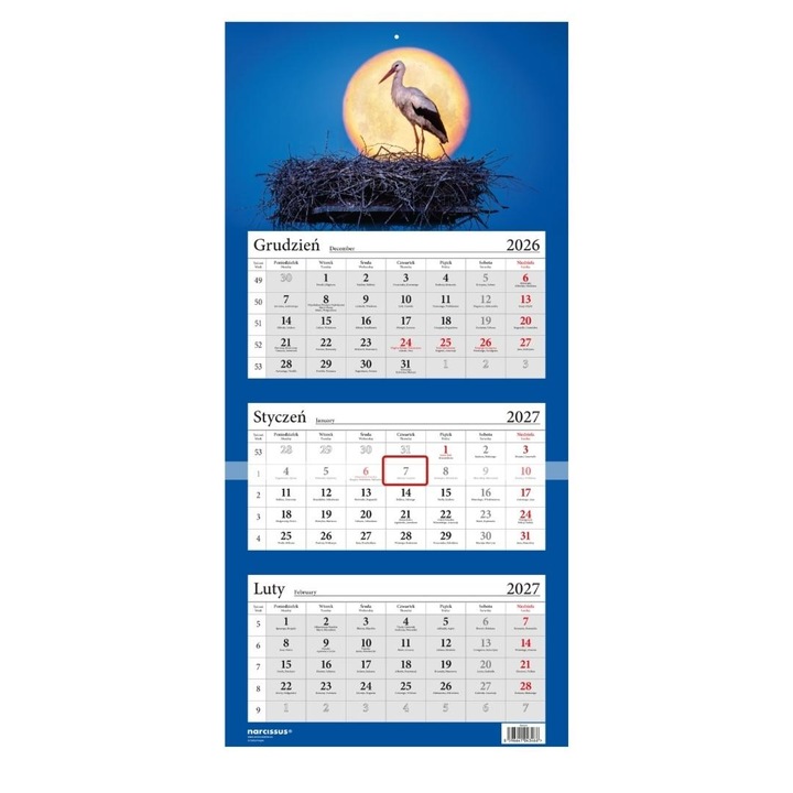 Calendar de perete Narcissus Bocian 2027 (cod 800998), in trei parti, multicolor