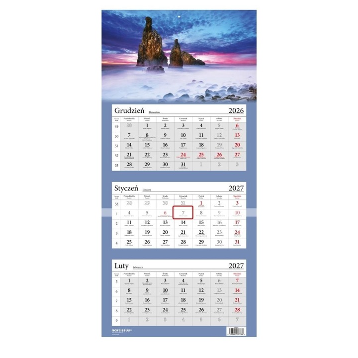 Calendar de perete Narcissus Madera 2027, triptic, multicolor, cod 800996