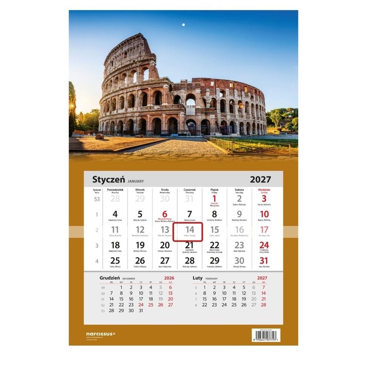 Calendar de perete Narcissus Koloseum 2027, o fila, multicolor, cod 800995