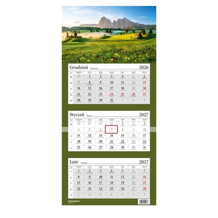 Calendar de perete tripartit Narcissus Dolomity 2027, multicolor