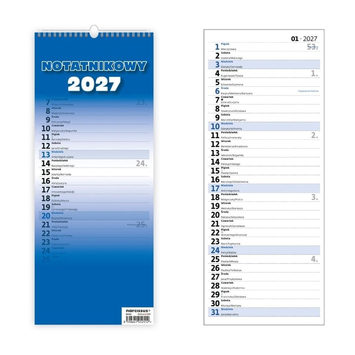 Calendar de perete Narcissus Notatnikowy Slim 2027, lunar, cu spatiu pentru notite, Multicolor, cod 801004