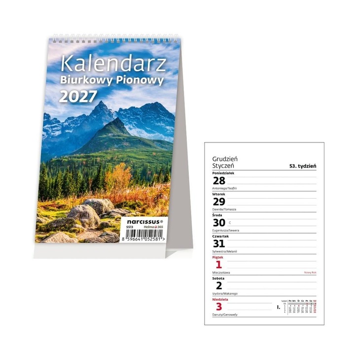 Calendar de birou vertical Narcissus 2027, saptamanal, multicolor, 160 x 105 mm