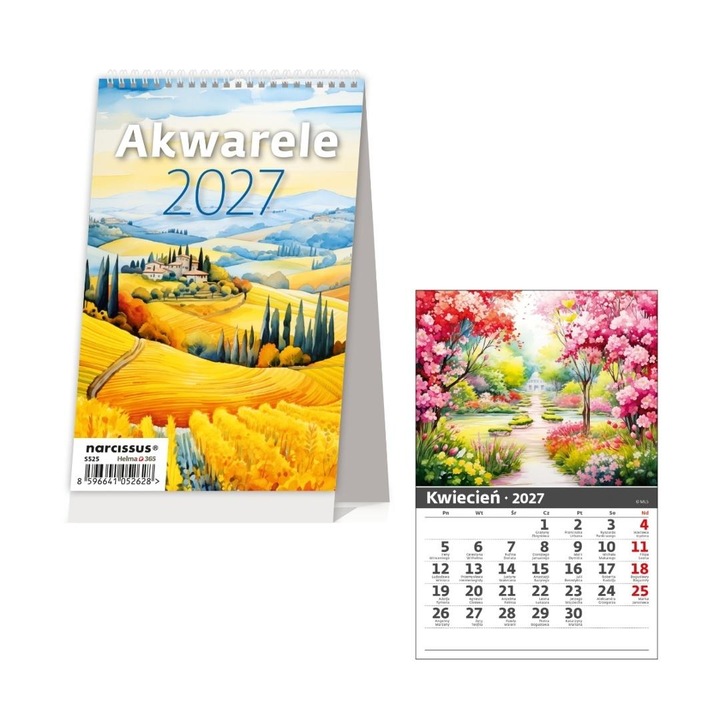 Calendar de birou Narcissus Akwarele 2027, lunar, vertical, cu spirala, multicolor, cod 801014