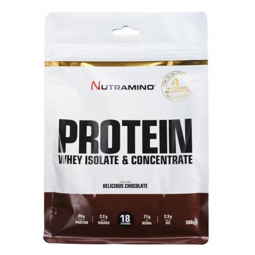 Supliment nutritiv Nutramino Whey Protein isolate & concentrate BCAA inclus, aroma ciocolata, 500g