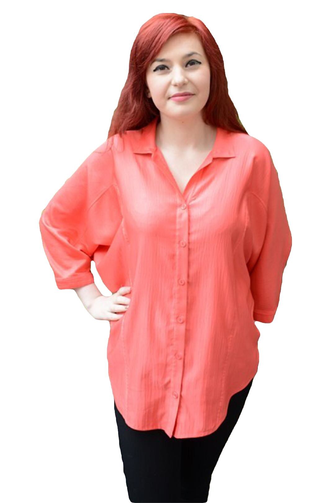 Camasa moderna cu decolteu in V si nasturi, D&J Exclusive, Corai