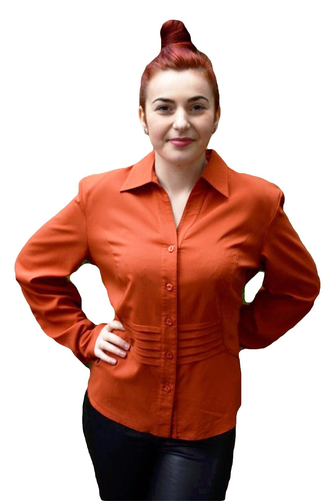 Camasa cu pliuri in talie si maneca lunga, D&J Exclusive, Portocaliu