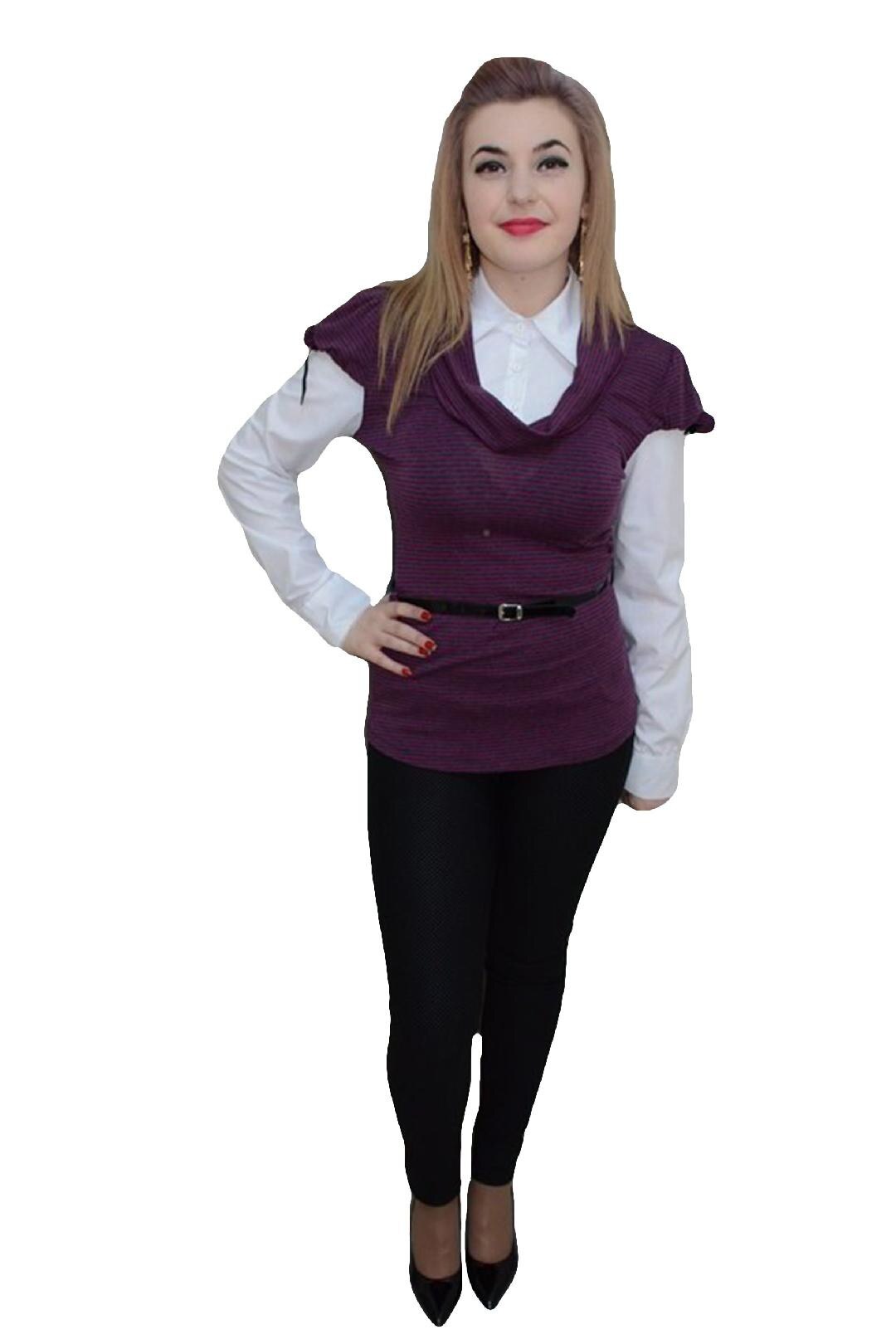 Camasa cu guler ascutit si insertie tip vesta, D&J Exclusive, Alb/Mov