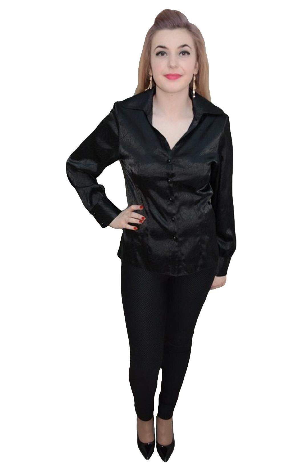 Camasa de ocazie din saten, cu nasturi rafinati, D&J Exclusive, Negru