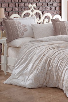 Hobby, Lenjerie de pat, 100% poplin din bumbac, Bej/Alb, 200x220/2P/50x70 Standard Hobby, Lenjerie de pat, 100% poplin din bumbac, Bej/Alb, 200x220/2P/50x70 Standard