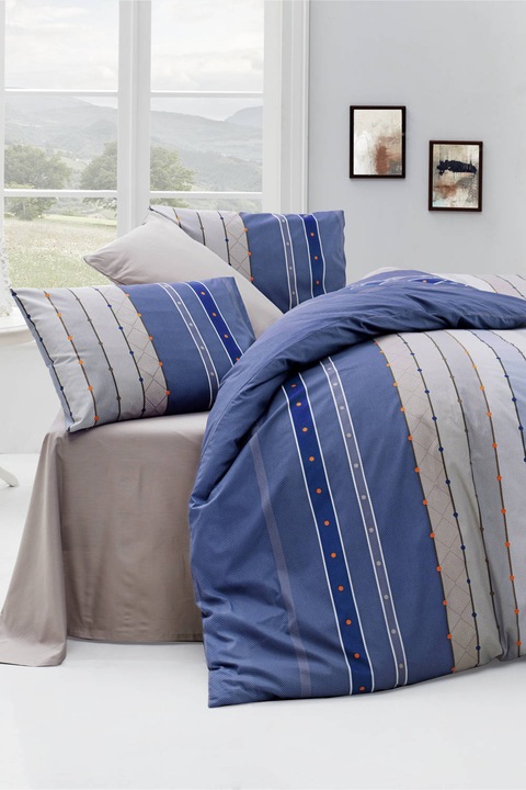 Nazenin Home, Lenjerie de pat, 100% bumbac, Bej/Albastru/Gri, 200x220/2P/50x70 Standard
