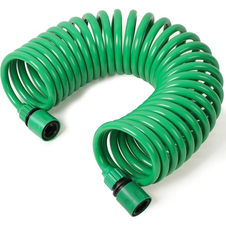 Furtun spiralat de gradina E38-A124-E07280, extensibil retractabil, 7,5 m, verde