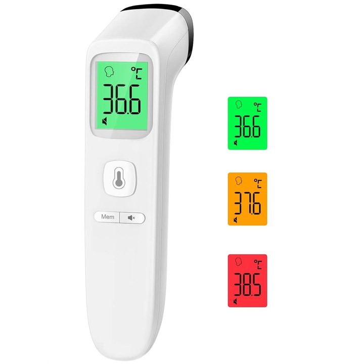 Érintésmentes infravörös homlokhőmérő E40-32-mano-A148-02504, 1 mp mérés, 35 mérés memória, megvilágított LCD kijelző, lázriasztás, csendes üzemmód, környezeti/tárgyhőmérséklet mérés is, ±0.2°C pontosság, fehér