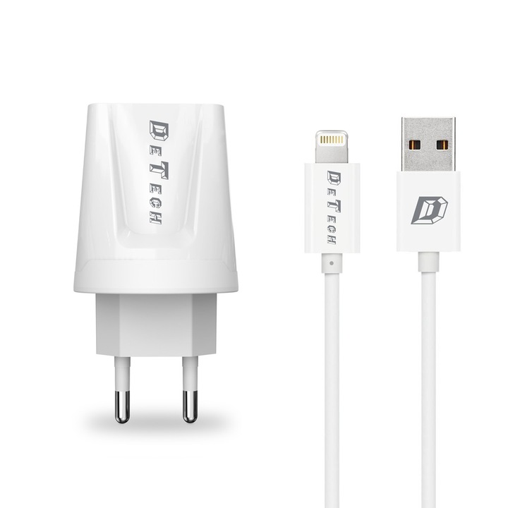 Мрежово зарядно устройство, DeTech, DE-01i, 5V/2.1A, 220V,1 x USB, С Lightning кабел, 1.0m, Бял