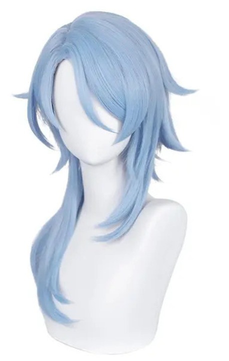 Peruca cosplay din fibra sintetica rezistenta la caldura Ayato Kamisato (Genshin Impact), lunga pufoasa, albastru deschis, ajustabila 50–60 cm