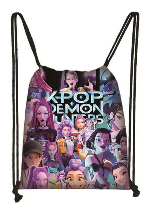 Торба с връзки за деца от текстил с принт K-Pop Demon Hunters, многоцветна, черни връзки