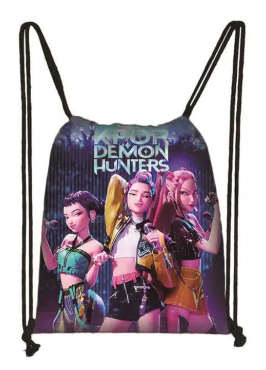 Текстилна торба с връзки, щампа K-Pop Demon Hunters (аниме), черна, за деца