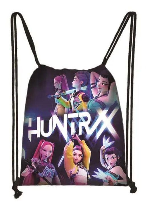 Sacusa раница с връзки от текстил, K-Pop HuntrX аниме принт, вдъхновен от Demon Hunter, черна, за деца