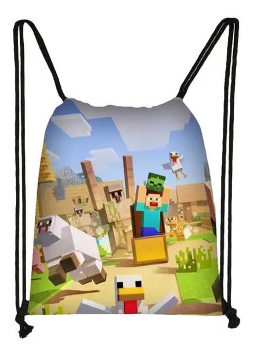 Детска раница с връзки, принт Minecraft, голям капацитет, многоцветна