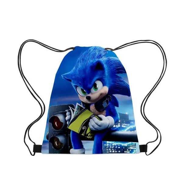 Rucsac tip sac cu snur din textil, imprimat cu Sonic (arici) albastru, unisex