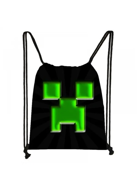 Чанта тип раница с връзки за деца, щампа Creeper (Minecraft), черно/зелено