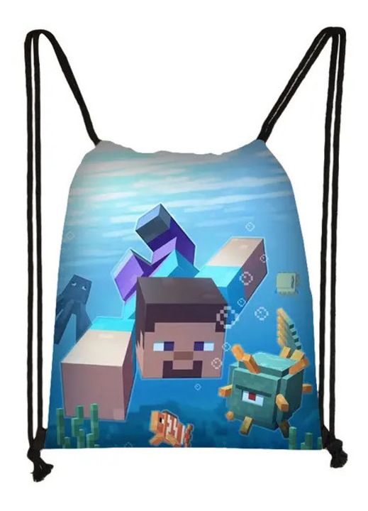 Детска раница с връзки с принт Minecraft, синя, голям капацитет