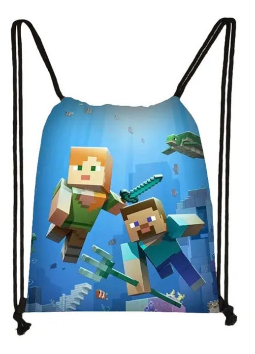 Текстилна чанта с връзки, принт Minecraft (Стив и Алекс), синя, универсален размер
