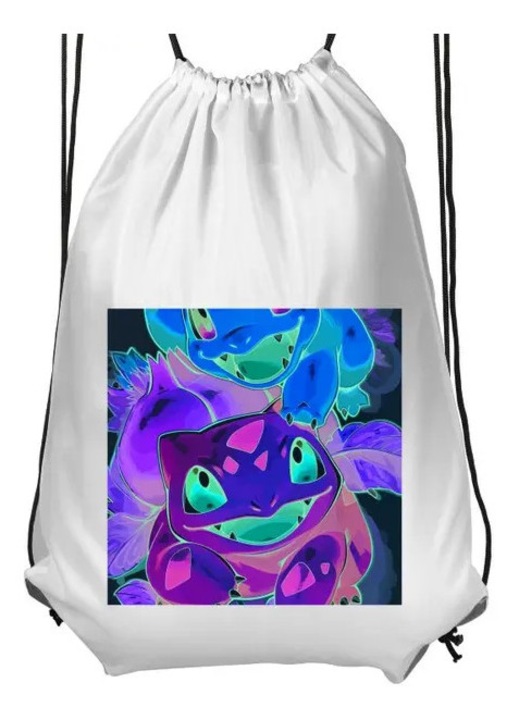 Спортна торбичка от полиестер за деца с връзка, цветен принт с Bulbasaur и Charmander, бяла