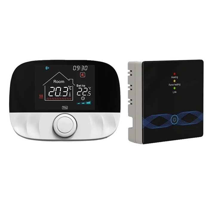Programozható termosztát 8785371144257, nem WiFi-s, kompatibilis hangasszisztensekkel, akkumulátor + USB-C, ±0.5°C pontosság, 5–95°C, fekete/fehér