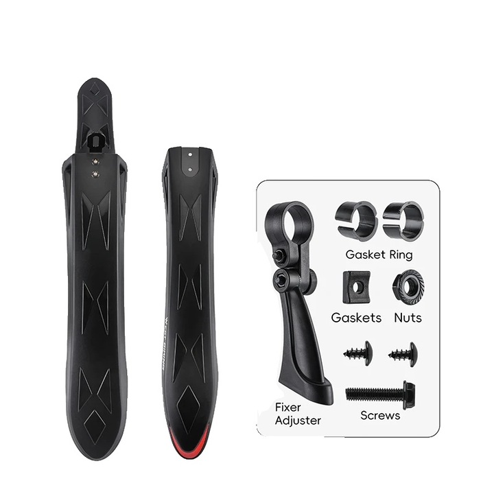 Aparatoare noroi pentru bicicleta 8785371137037, din PP plastic, set fata/spate, reglabil, design reflectorizant, potrivite 26–27.5 inch, negru