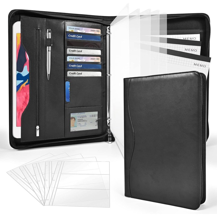 Dosar organizator cu 3 inele K0375-260811-15, piele PU cu fermoar, buzunare transparente, suport tableta, 7 sloturi card, pen holder, 3 caiete (20 pag./buc) incluse, negru, A4/Letter