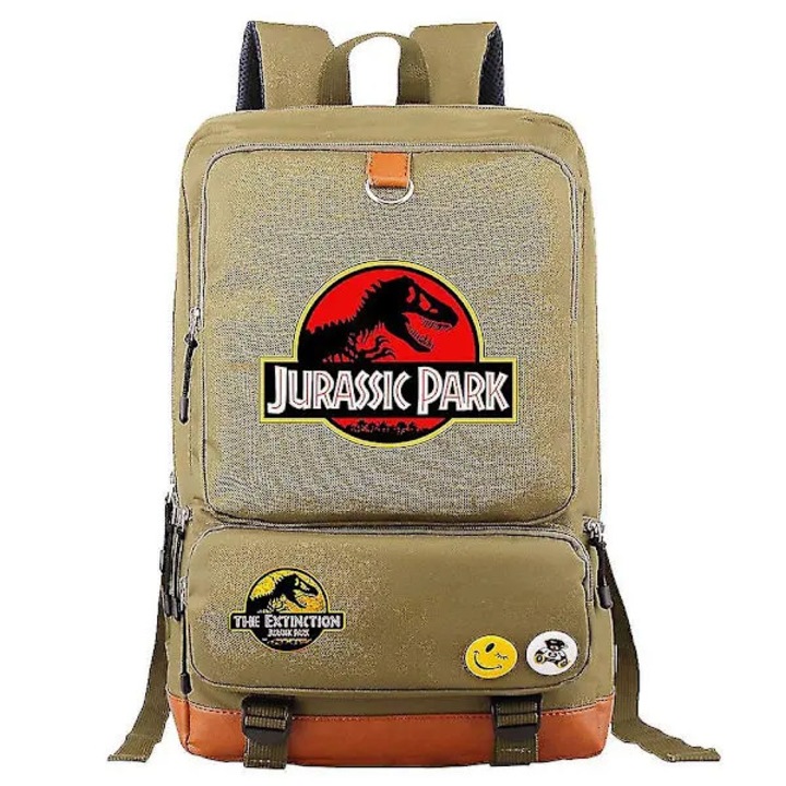 Rucsac laptop din Oxford, cu imprimeu Jurassic Park, compartiment pentru laptop si buzunare multiple, kaki, 30 x 15 x 47 cm