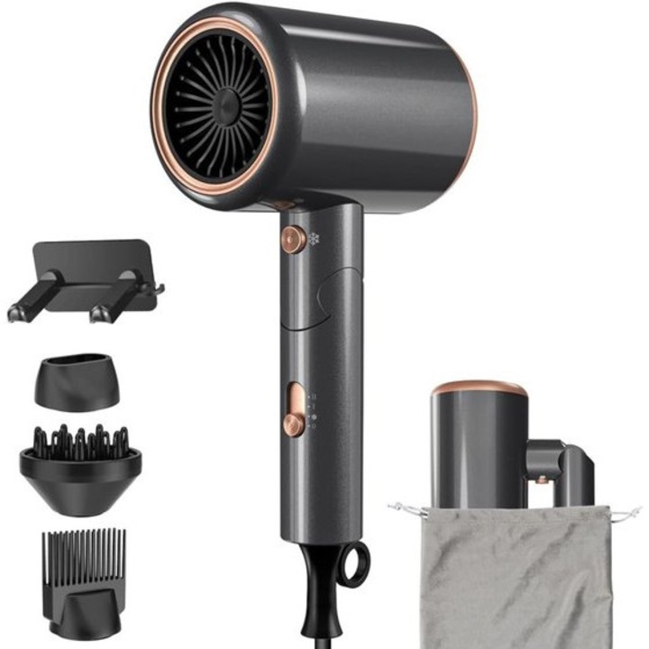 GMK0375-260812-10 ionos hajszárító, 2400W, AC motor, ionos, 2 sebesség/6 hőmérséklet beállítás, hideglevegő funkció, 3 tartozék + tok és tartó, szürke, 24 x 9.7 x 18 cm