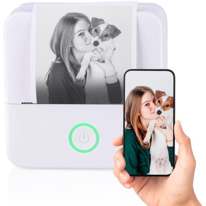 Mini Bluetooth hőnyomtató GMK0375-260807-13, Bluetooth 5.3, hőnyomtatás (tintamentes), USB-C újratölthető, 1200 mAh akkumulátor, fehér, 8.5 x 8.5 x 4.5 cm, papírtekercset tartalmaz