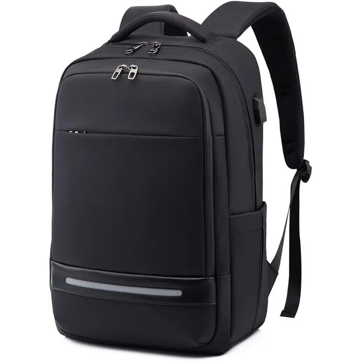 Rucsac laptop in material Oxford jacquard anti-furt cu port USB, buzunar ascuns si curele ergonomice, model ISINI-CJ-K0497-260820-604, negru, 17 inch